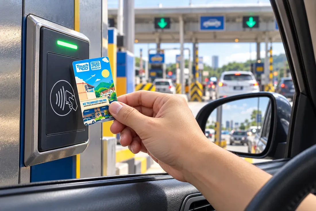 Tapping the card at a highway toll reader from the driver's seat
